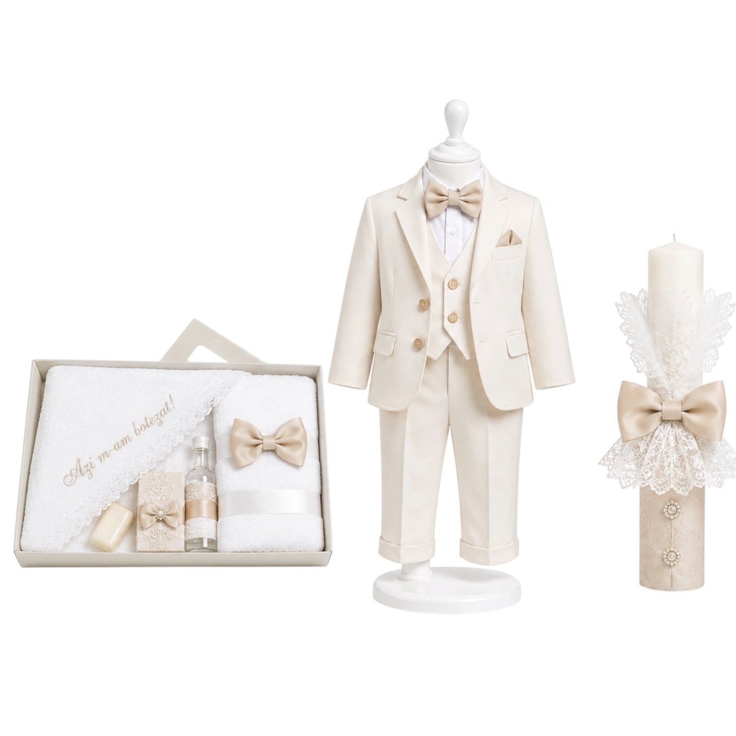 Set botez băiețel crem cu alb
