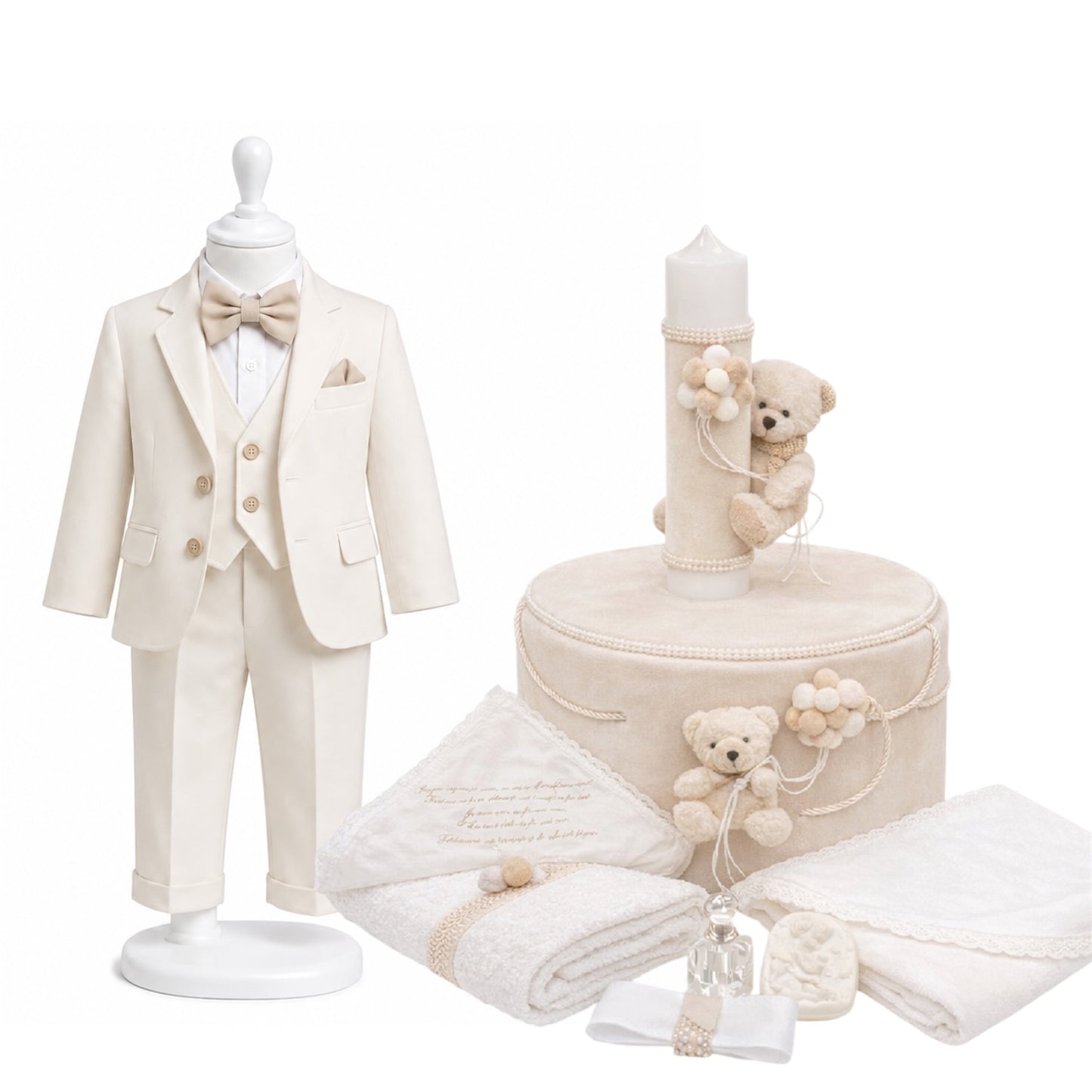 Set botez băiețel crem cu ursuleț ( Costum, Trusou,Lumânare)
