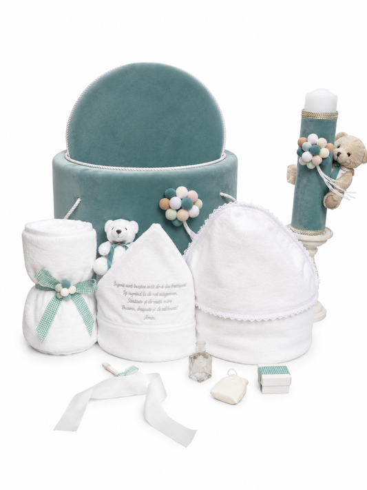 Set botez ursuleț -trusou catifea + lumânare fistic