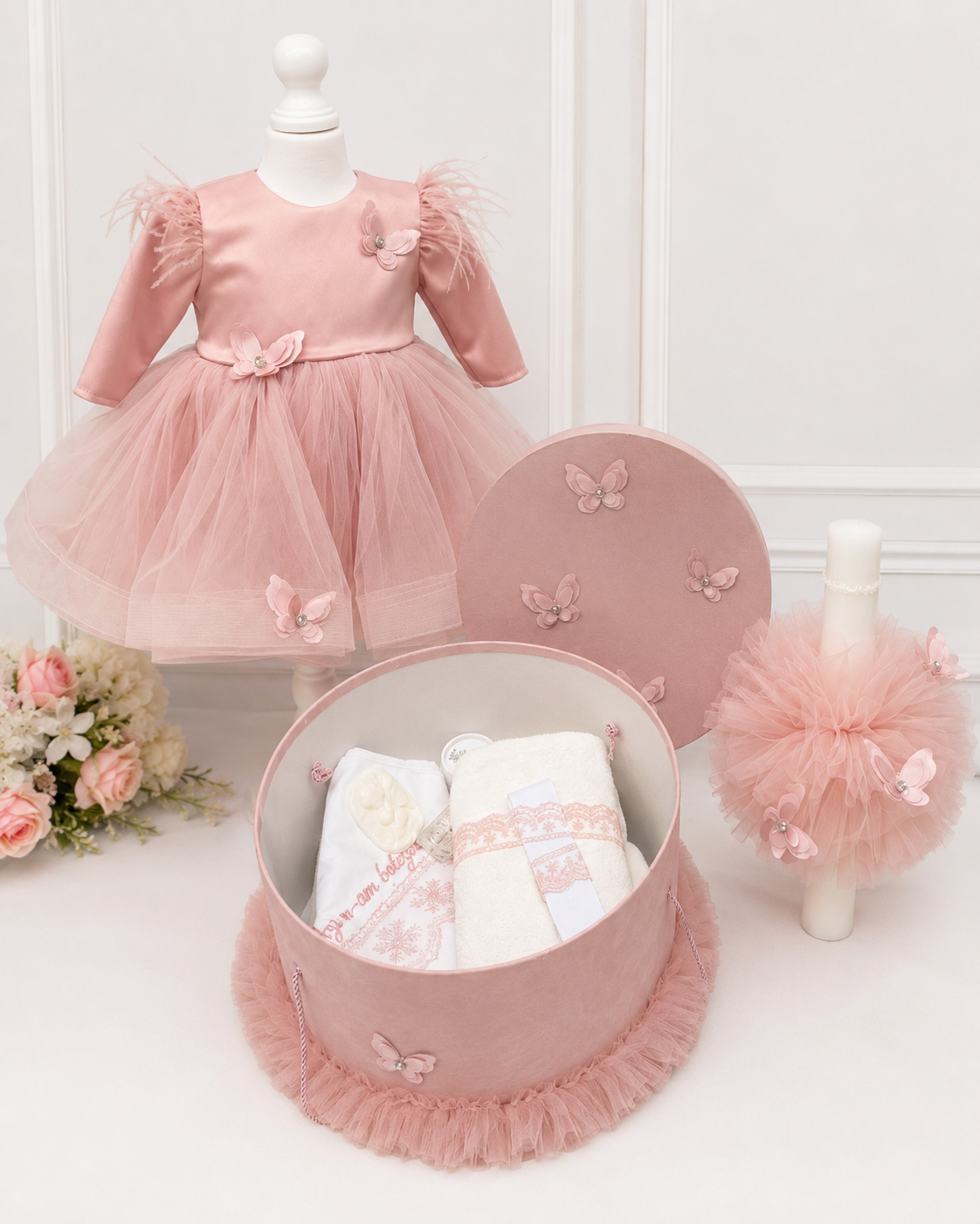 Set botez fetita roz pudra fluturasi