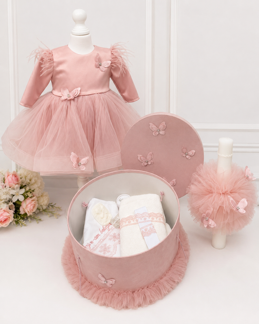 Set botez fetita roz pudra fluturasi