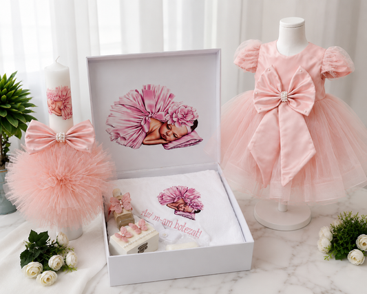 Set botez fetita roz pudra fundița