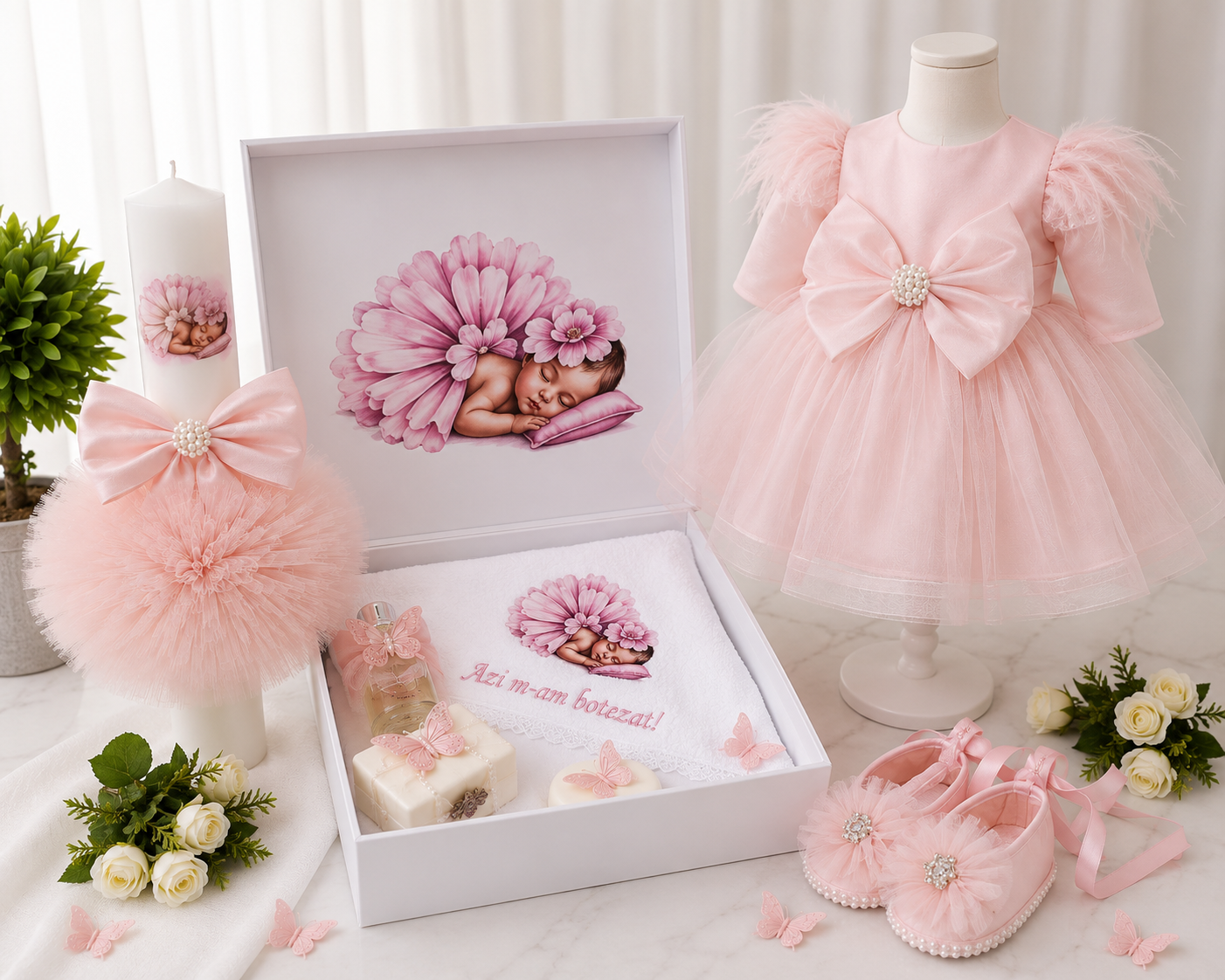 Set botez fetita roz bebelina ( Trusou + Lumânare+ Rochița )