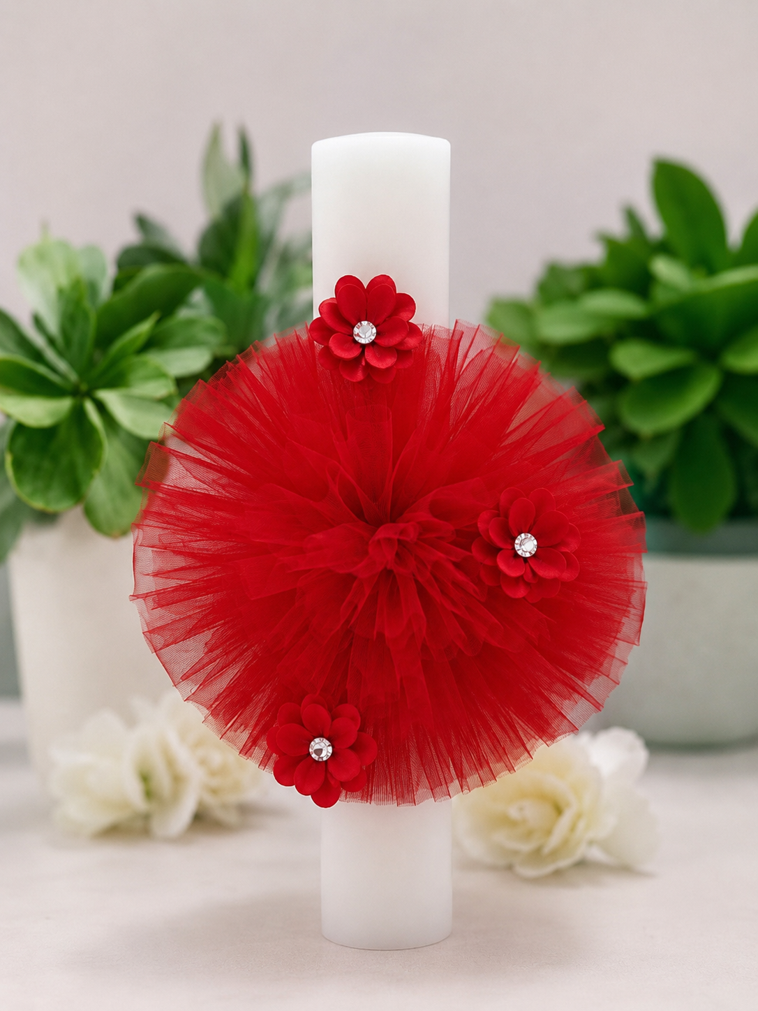 Lumânare de botez accesorizată cu flori roșii 🌹