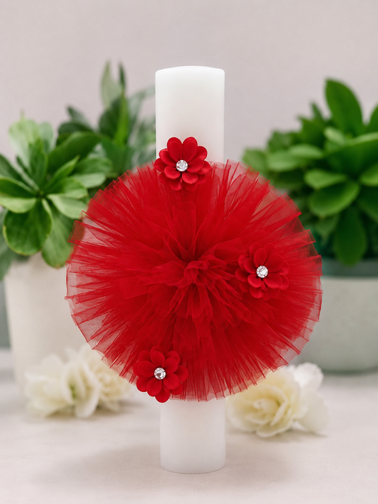 Lumânare de botez accesorizată cu flori roșii 🌹