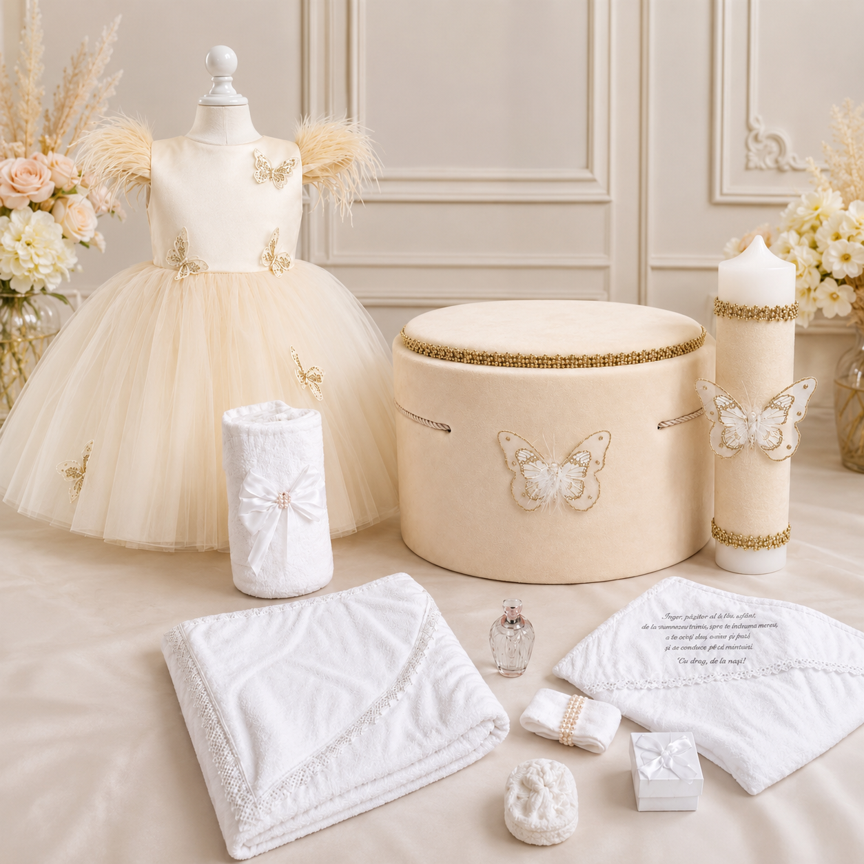 Set botez fetita crem fluturași