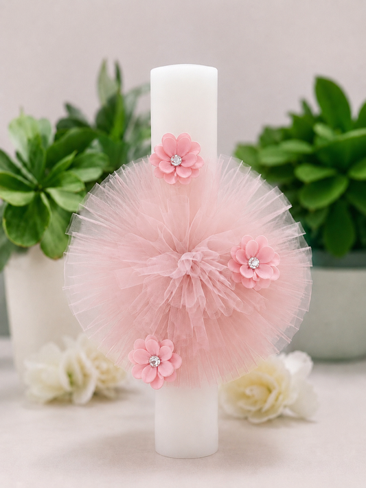 Lumânare de botez accesorizată cu flori roz pudra 🌹