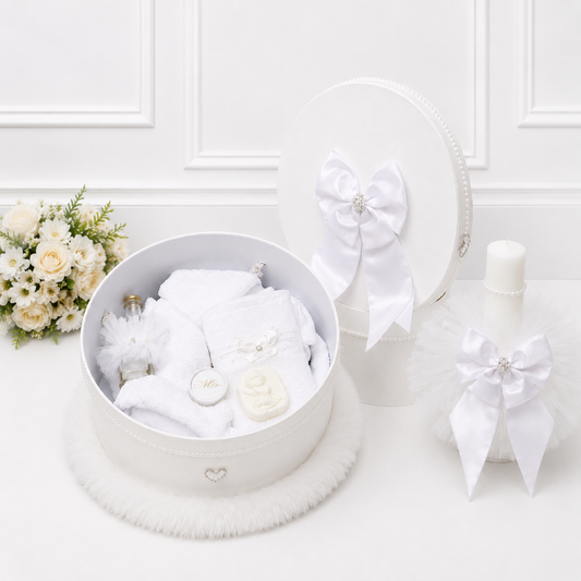 Set botez funda alba- trusou + cutie + lumânare