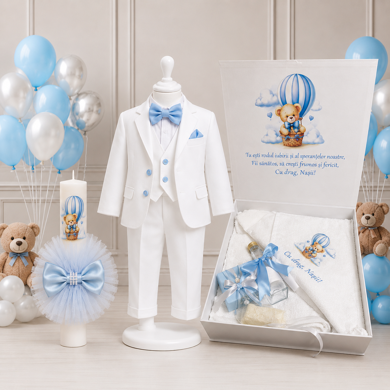 Set botez baietel ursuleț baby blue
