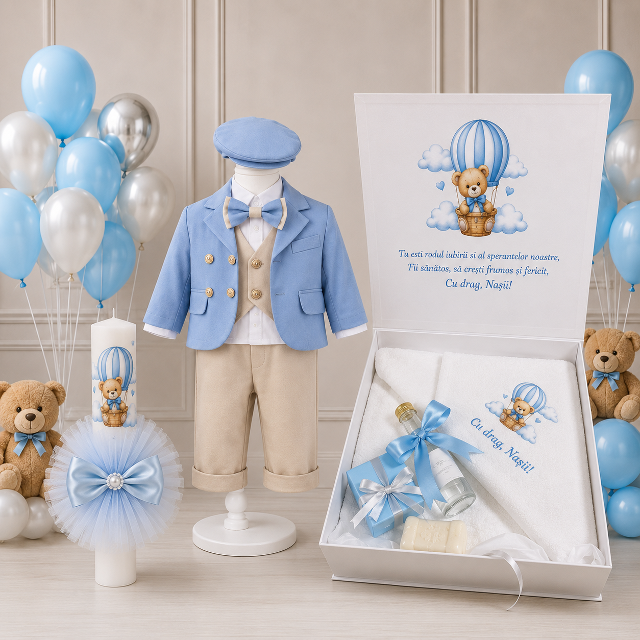 Set botez baietel ursuleț baby blue