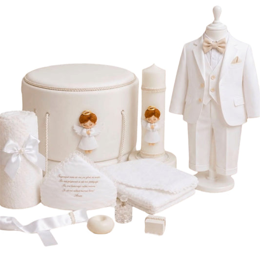 Set botez băiețel INGERAS( Costum, Trusou,Lumânare)