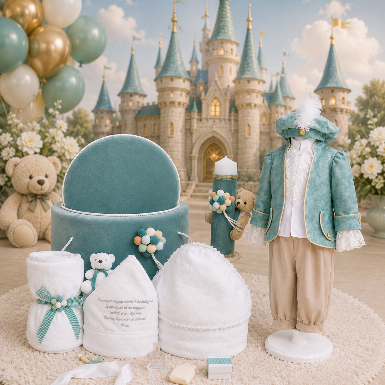 Set botez băiețel fistic ursuleț ( Costum PRINT+ Cutie+Trusou+ lumânare)