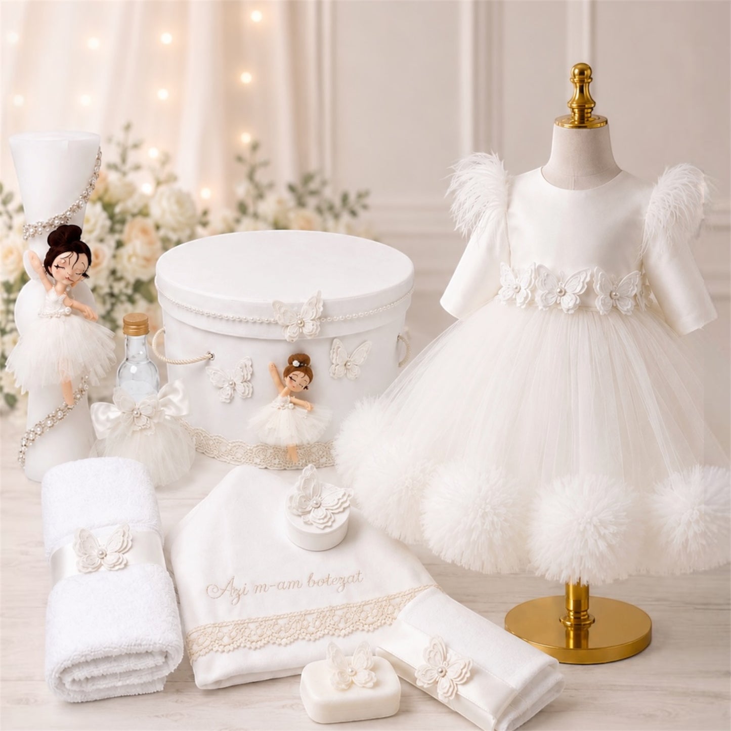 Set botez fetita alb BALERINA  ( Trusou + Cutie+Lumânare+ Rochița )