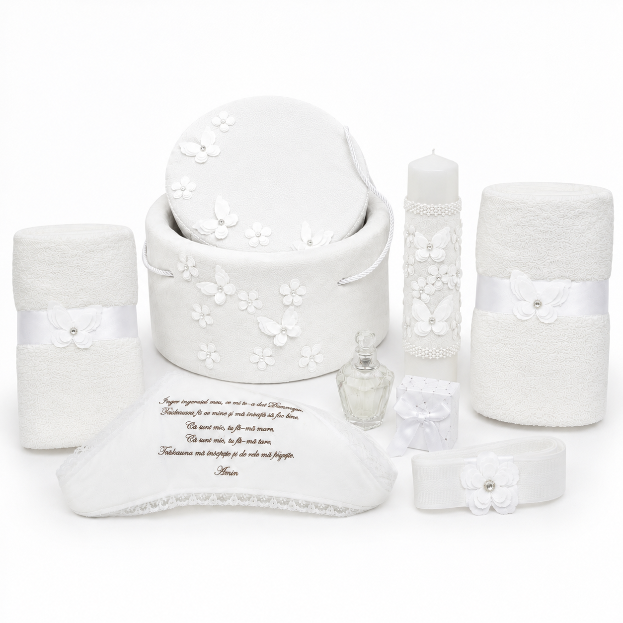 Set botez Trusou catifea alb flori si fluturi