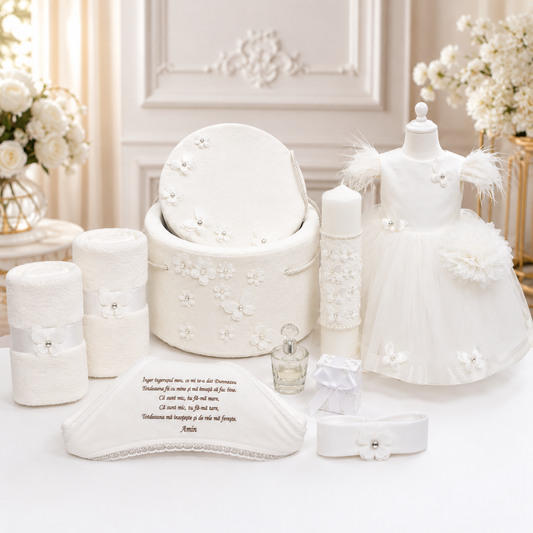 Set botez fetita alb fluturași  ( Trusou + Cutie+Lumânare+ Rochița )
