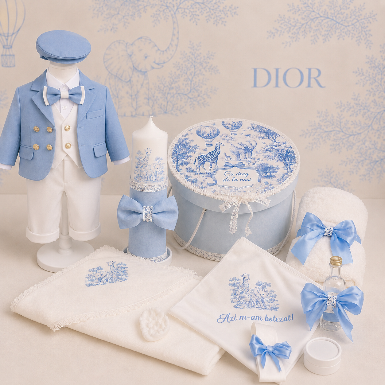 Set de Botez Dior Jungle Baby Blue Costum, Trusou,Lumânare)