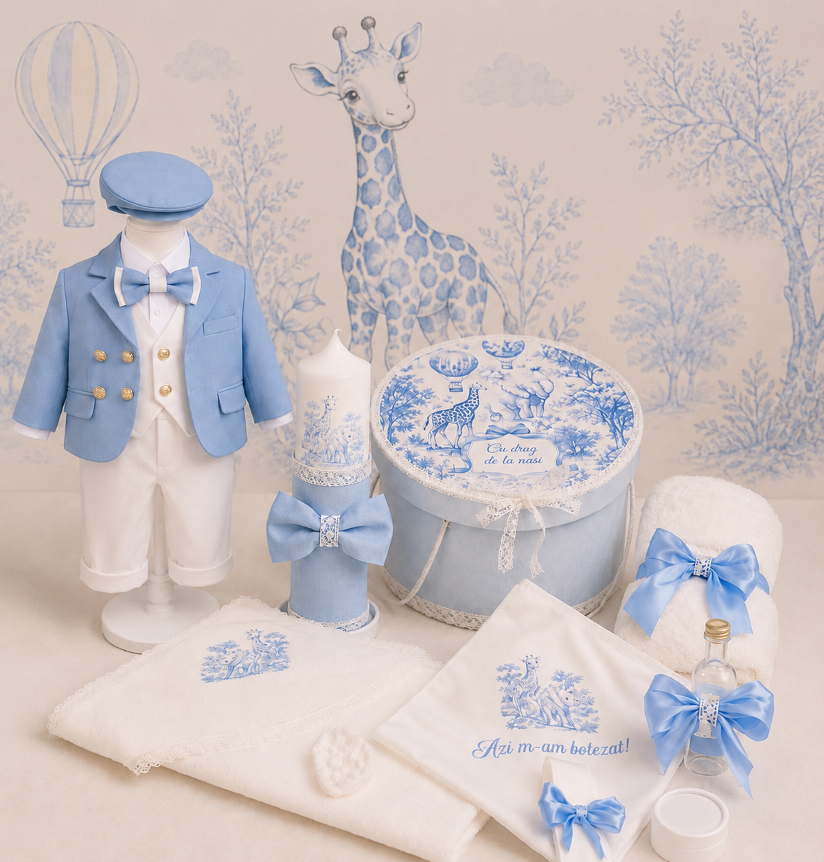 Set de Botez Dior Jungle Baby Blue Costum, Trusou,Lumânare)