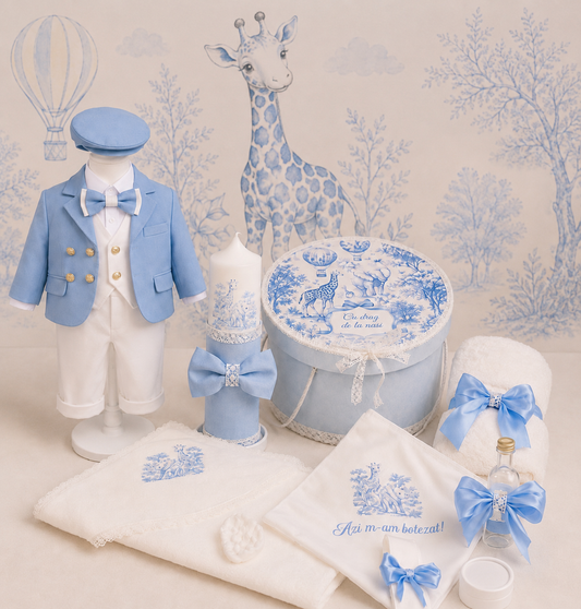 Set de Botez Dior Jungle Baby Blue Costum, Trusou,Lumânare)