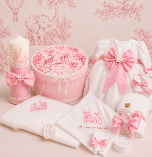 Set Botez Jungla Roz – Colecția Luxury
( Trusou + Cutie+Lumânare+ Rochița )