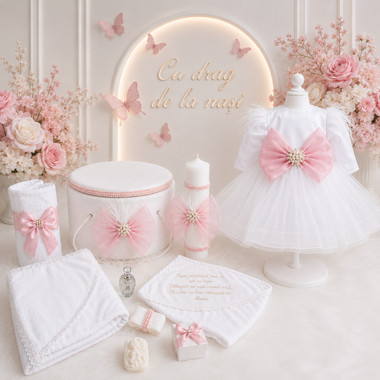 Set botez fetita cu funda roz ( Trusou+ Rochița+ lumânare)