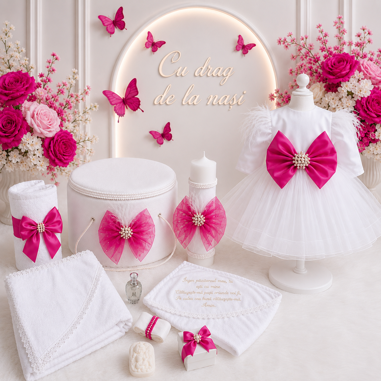 Set botez fetita cu funda fuxia ( Trusou+ Rochița+ lumânare)