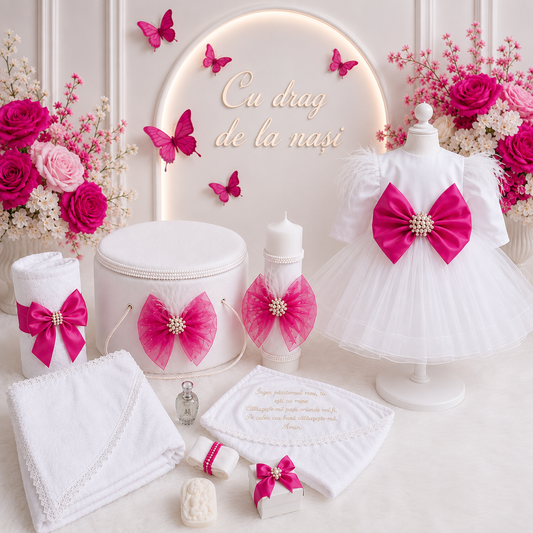 Set botez fetita cu funda fuxia ( Trusou+ Rochița+ lumânare)