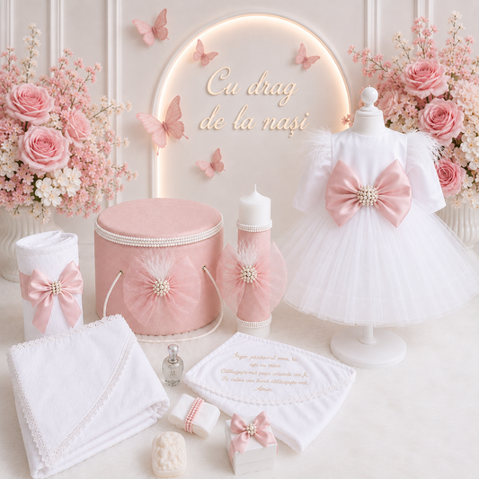 Set botez fetita cu funda roz pudra ( Trusou+ Rochița+ lumânare)