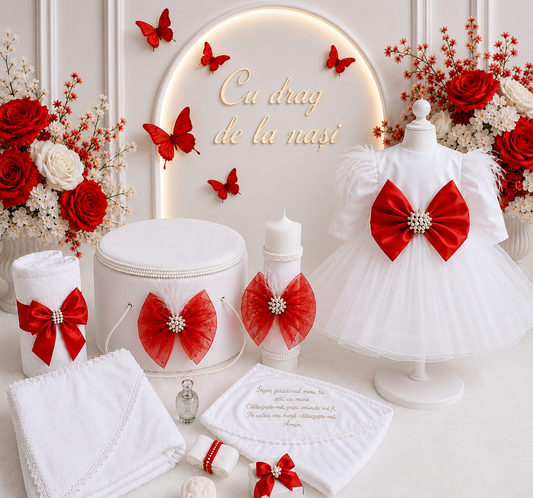Set botez fetita cu funda rosie ( Trusou+ Rochița+ lumânare)