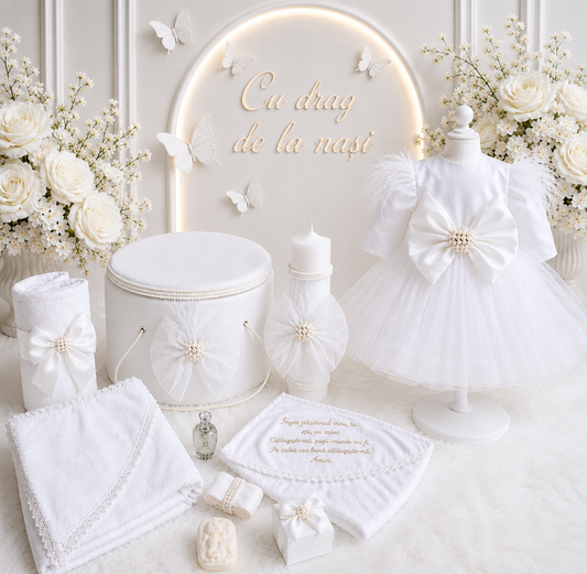 Set botez fetita cu funda alba ( Trusou+ Rochița+ lumânare)