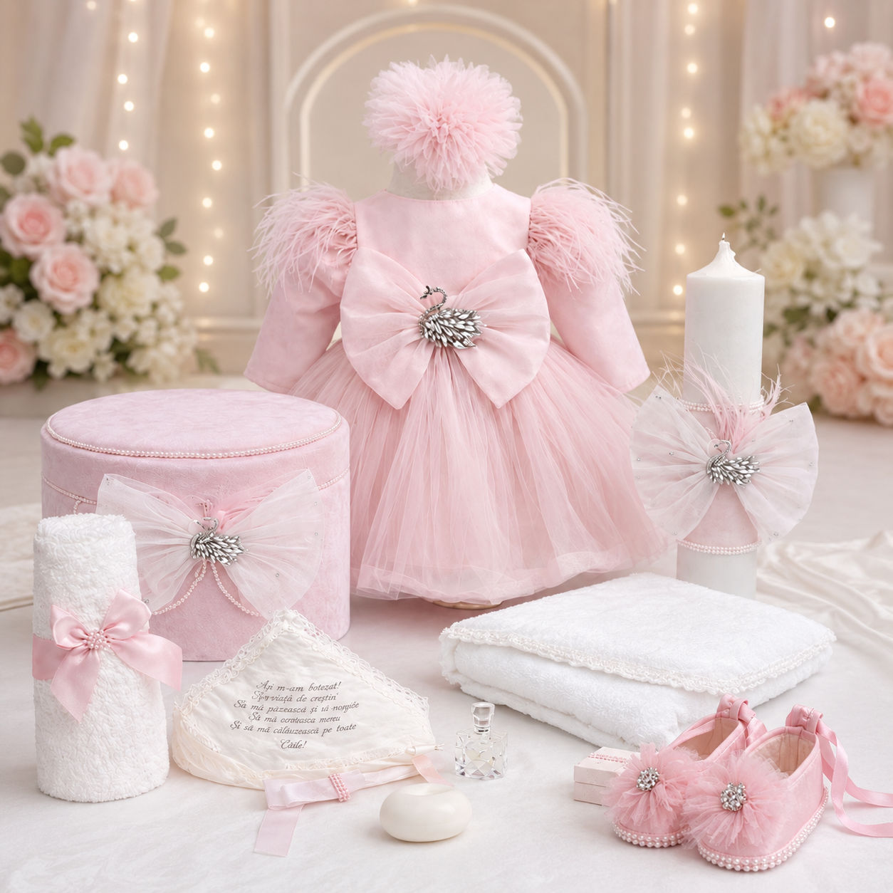 Set botez fetita lebada roz