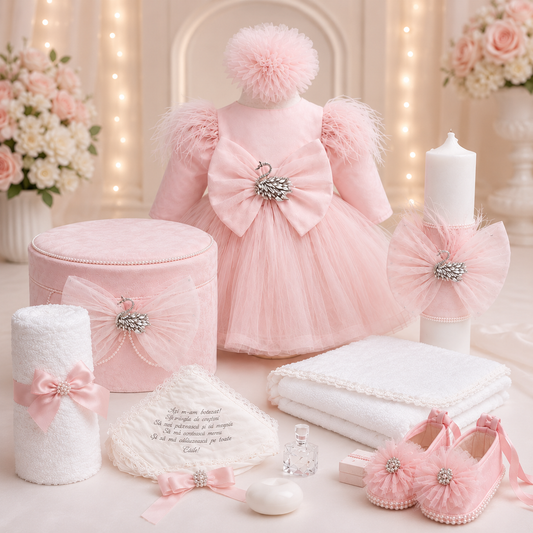 Set botez fetita lebada roz pudra ( Trusou+ Cufăr+ Lumânare+ Rochița)