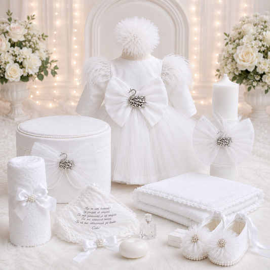 Set botez fetita lebada alba( Trusou+ Cufăr+ Lumânare+ Rochița)