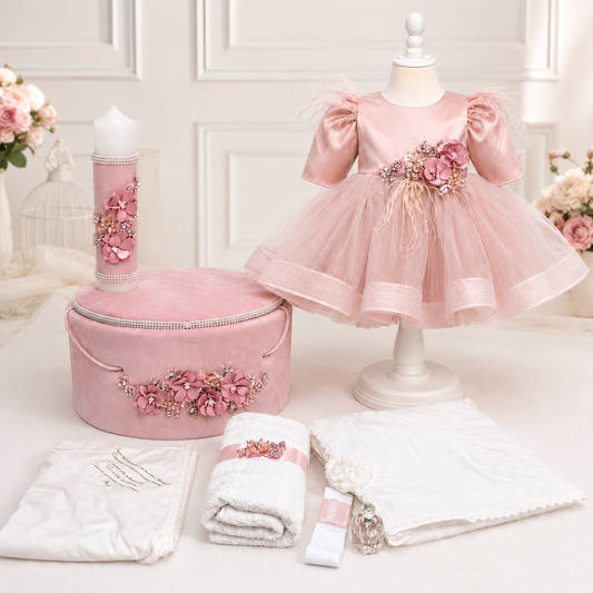 Set botez fetita flori roz pudra ( Trusou+ Cufăr+ Lumânare+ Rochița)