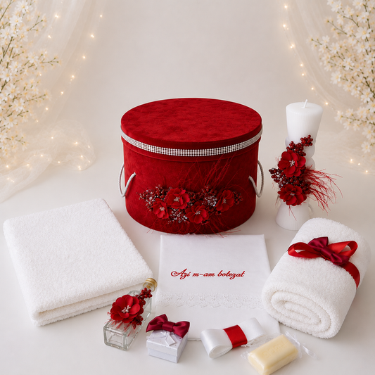 Set botez roșu cu floricele (trusou + cutie + lumânare)