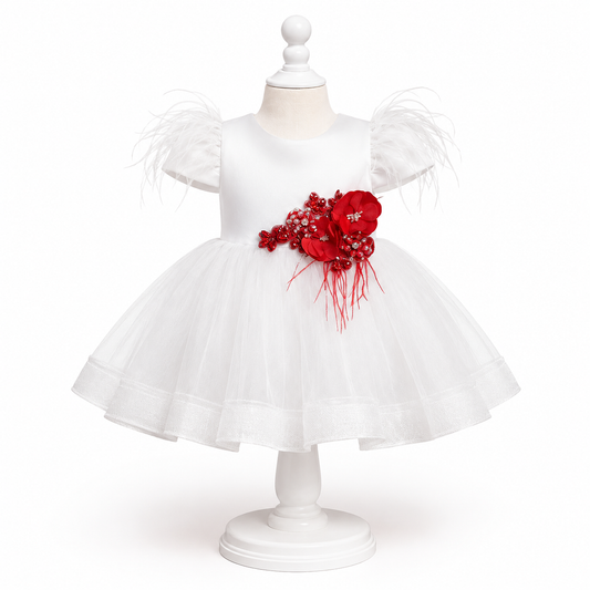 Rochița de botez rosie cu floricele din cristal