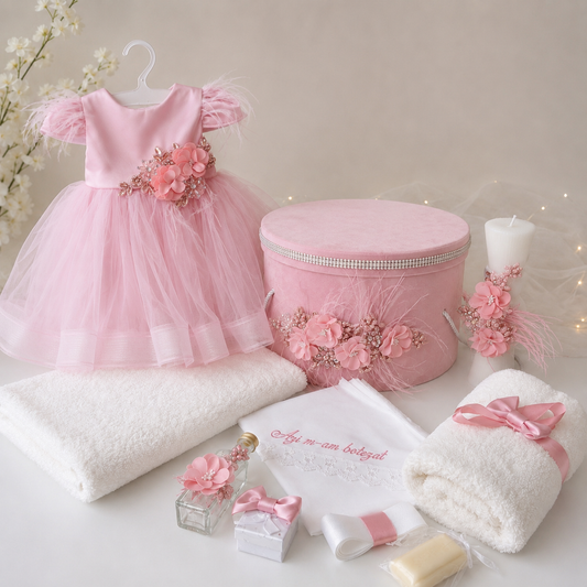 Set botez fetita roz accesorizat cu floricele( Trusou+ Cufăr+ Lumânare+ Rochița)