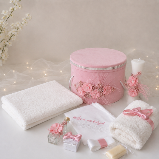Set botez roz floricele (trusou + cutie + lumânare)