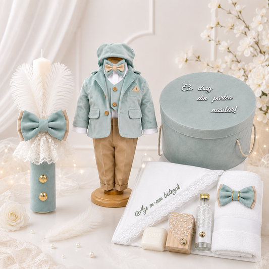 Set botez băiețel fistic ( Trusou+ Cufăr+ Lumânare+ Costum)