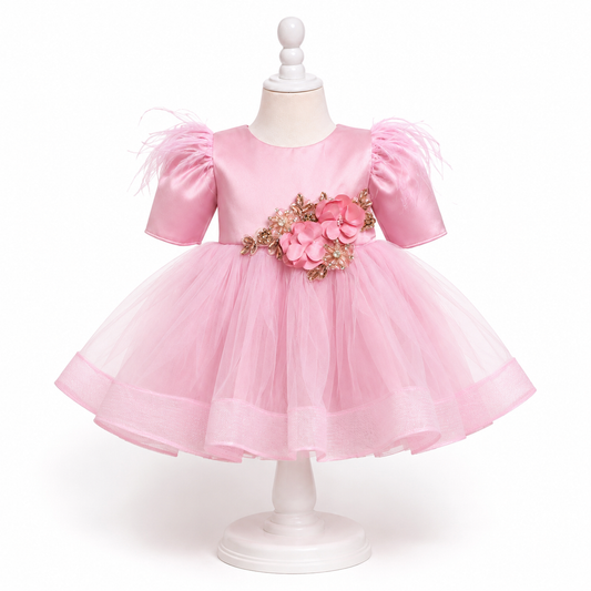 Rochița de botez roz cu floricele din cristal