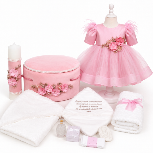 Set botez fetita flori roz ( Trusou+ Cufăr+ Lumânare+ Rochița)