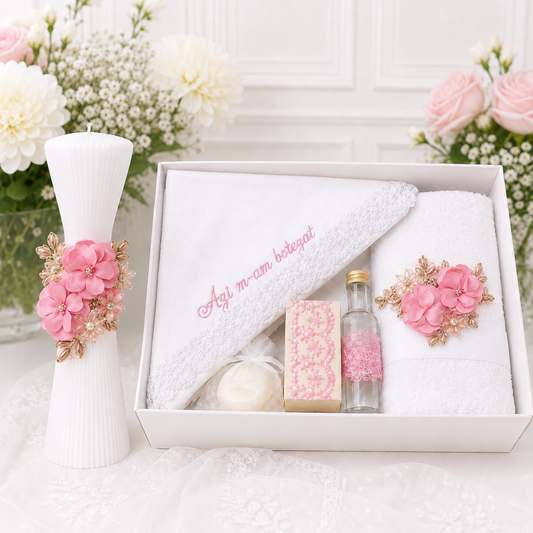 Set botez fetita floricele cristal -Trusou + lumânare roz