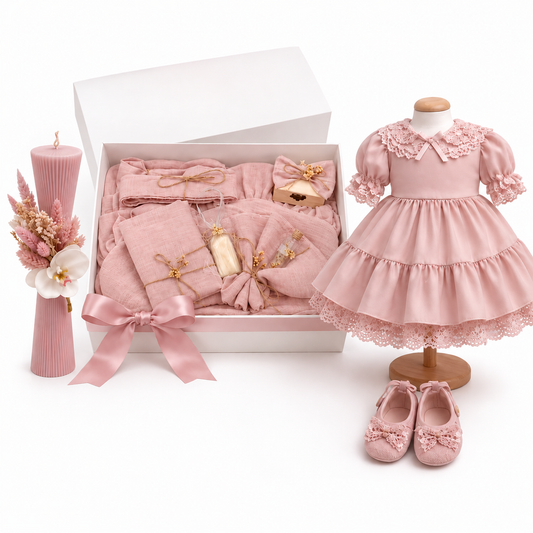 Set botez fetita roz pudra muselina ( Rochița + Trusou muselina +lumânare clepsidra)