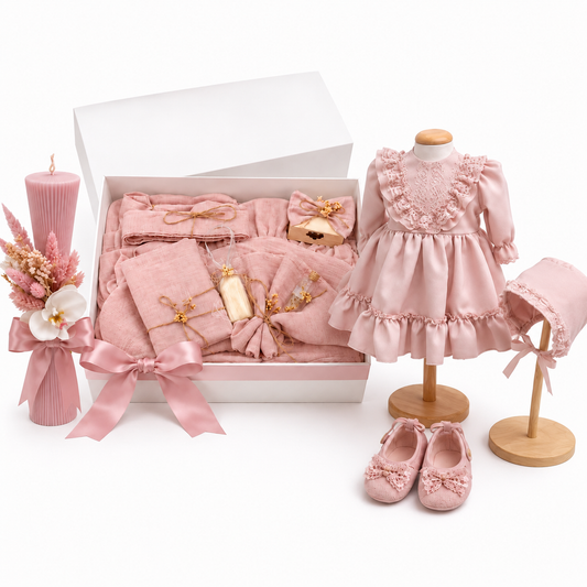 Set botez roz pudra fetita muselina ( Rochița + Trusou muselina +lumânare clepsidra)