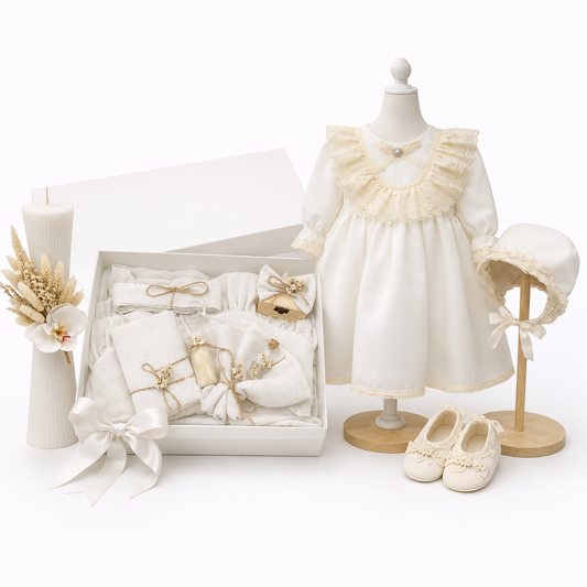 Set botez alb/Ivoir fetita muselina ( Rochița + Trusou muselina +lumânare clepsidra)