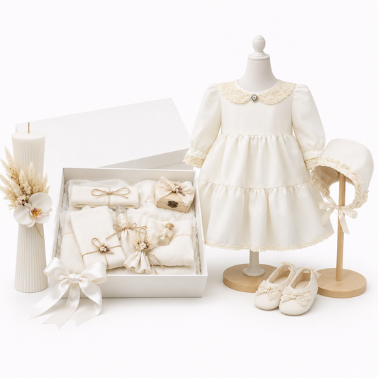 Set botez alb/Ivoir fetita muselina ( Rochița + Trusou muselina +lumânare clepsidra)