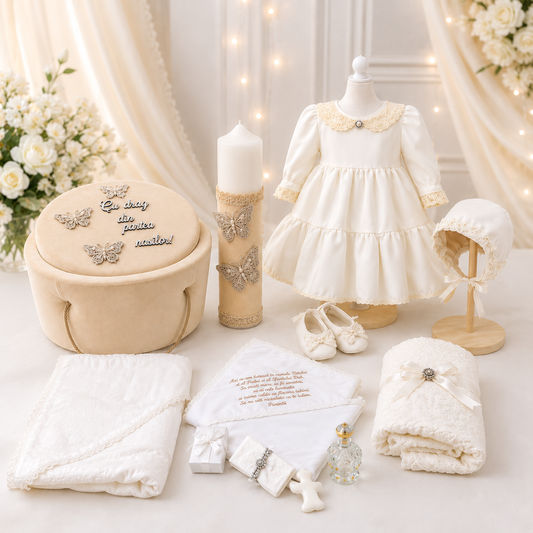 Set botez fetita crem fluturași ( Trusou+ Cufăr+ Lumânare+ Rochița)