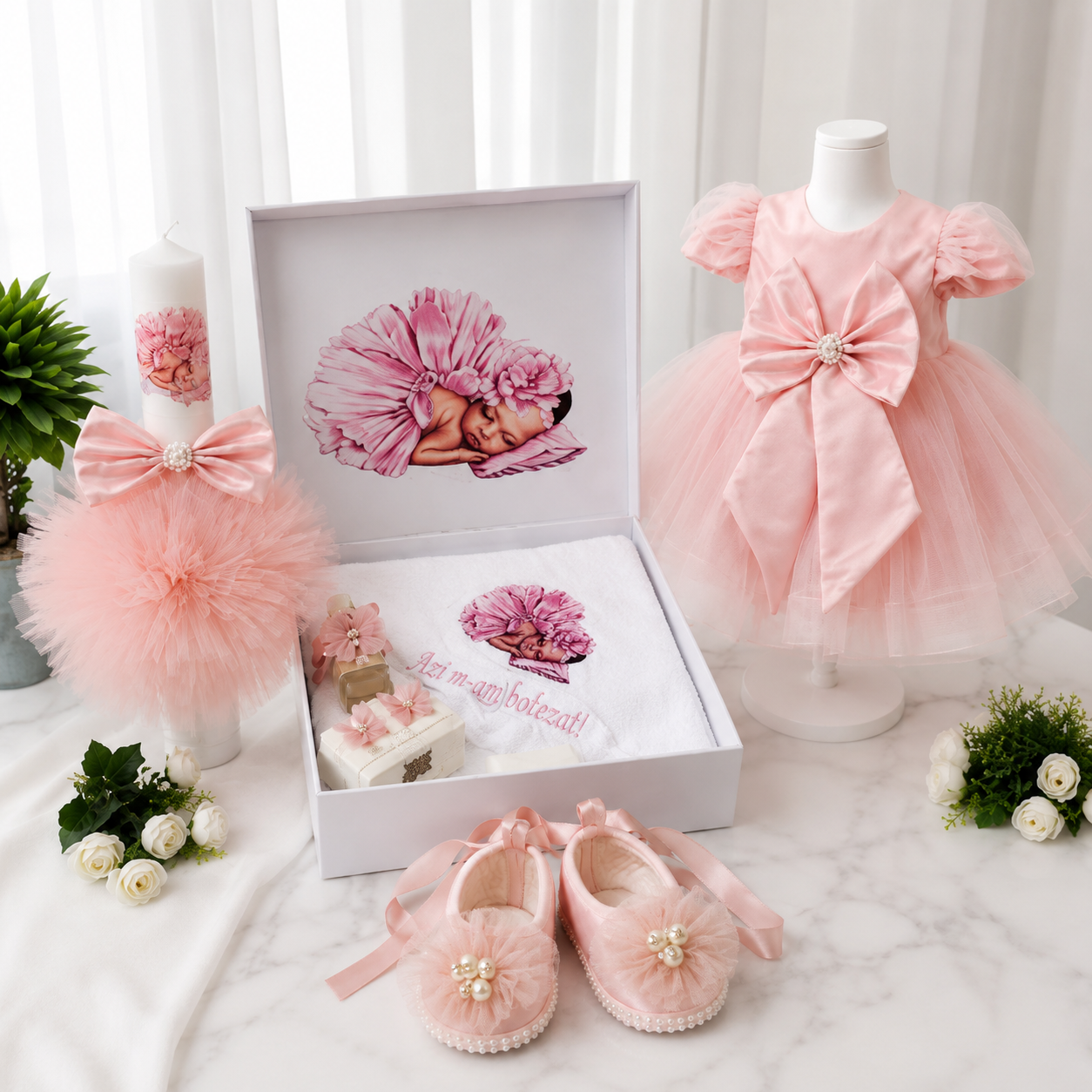 Set botez fetita roz pudra fundița