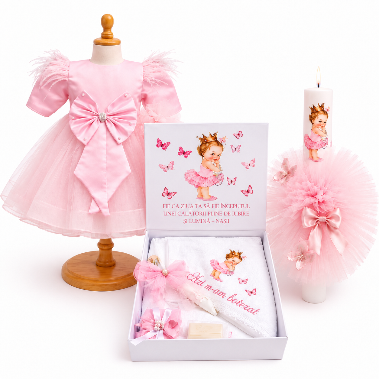 Set botez fetita roz cu funda si balerina