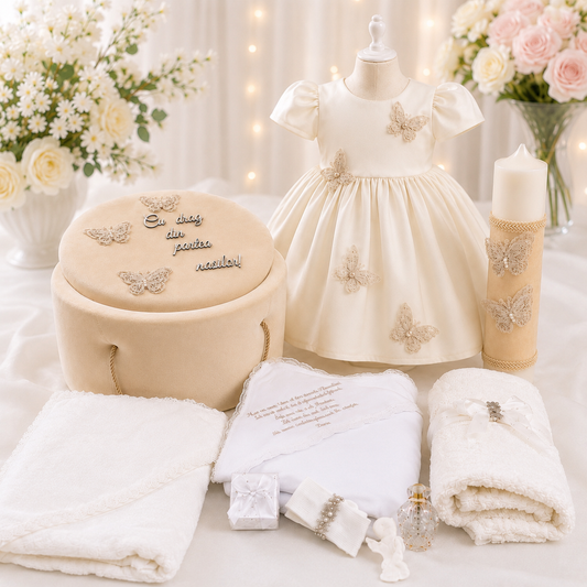Set botez fetita crem fluturași ( Trusou+ Cufăr+ Lumânare+ Rochița)