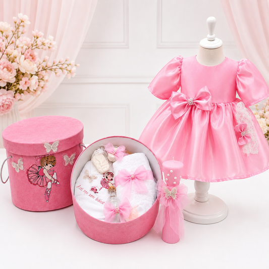 Set botez roz balerina   – Rochiță, lumânare și trusou